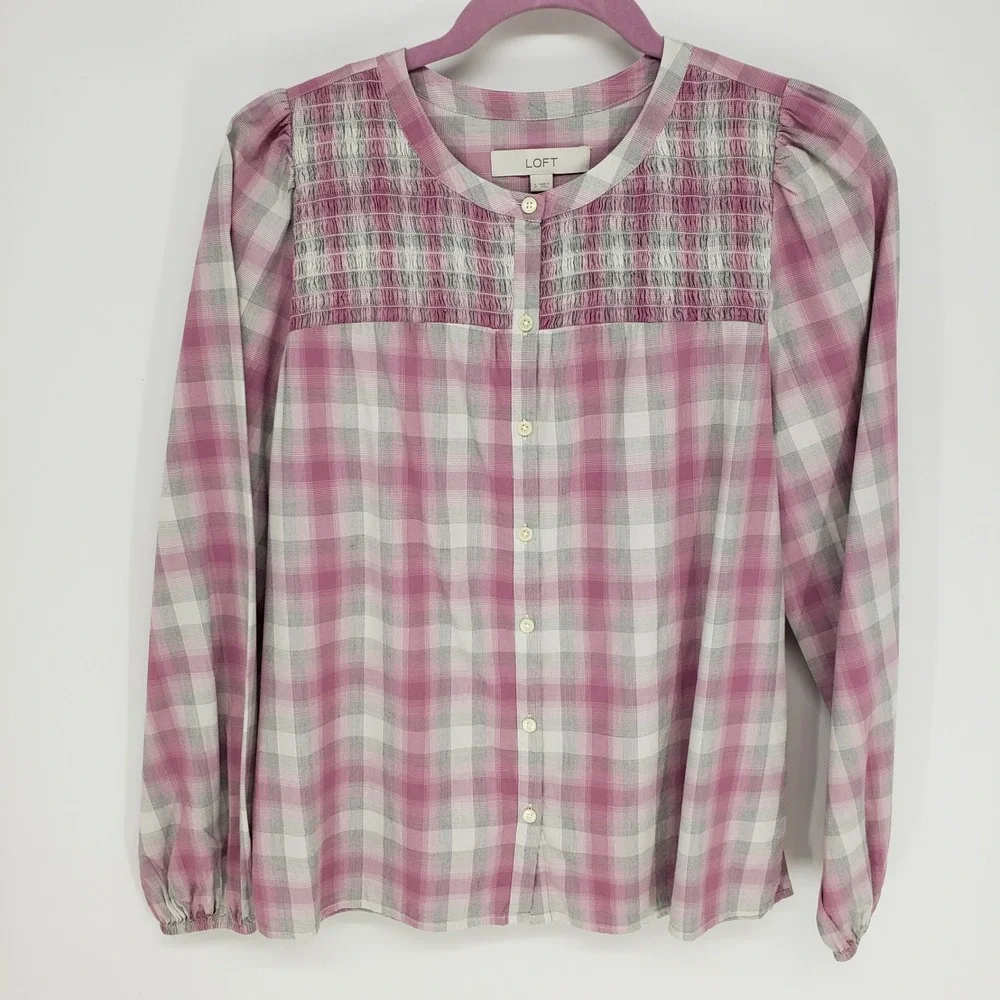 LOFT Plaid Smocked Button Down Shirt Womens Small Pink Long Sleeve Puff Shoulder
